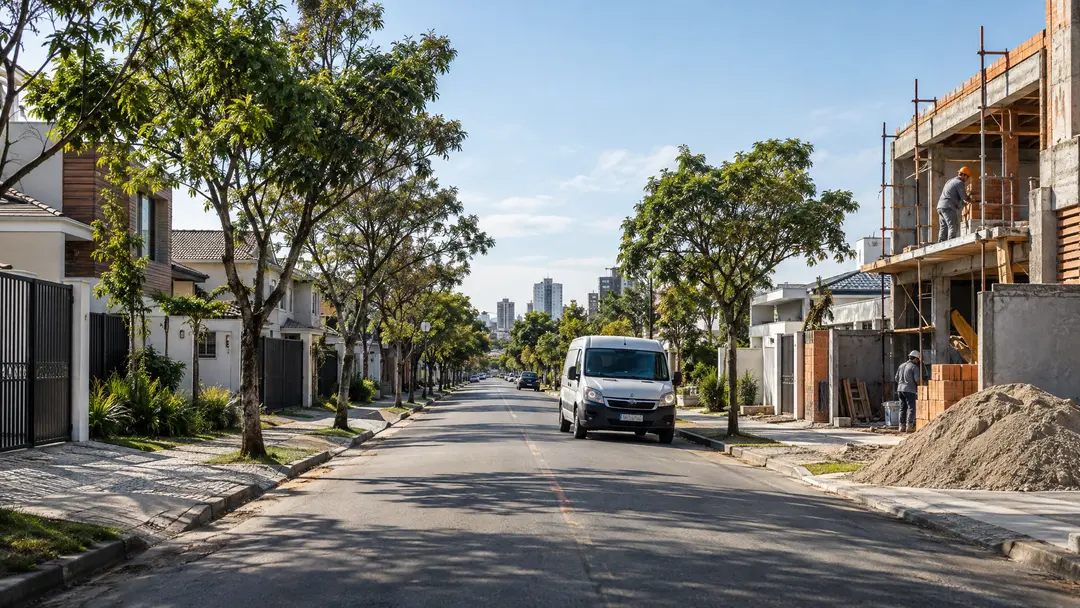Rua residencial no Portão com van de serviço