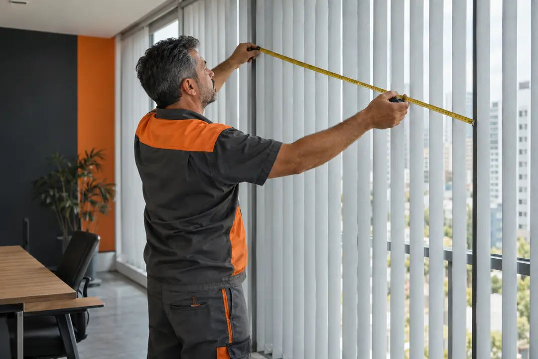 Técnico medindo persiana durante atendimento
