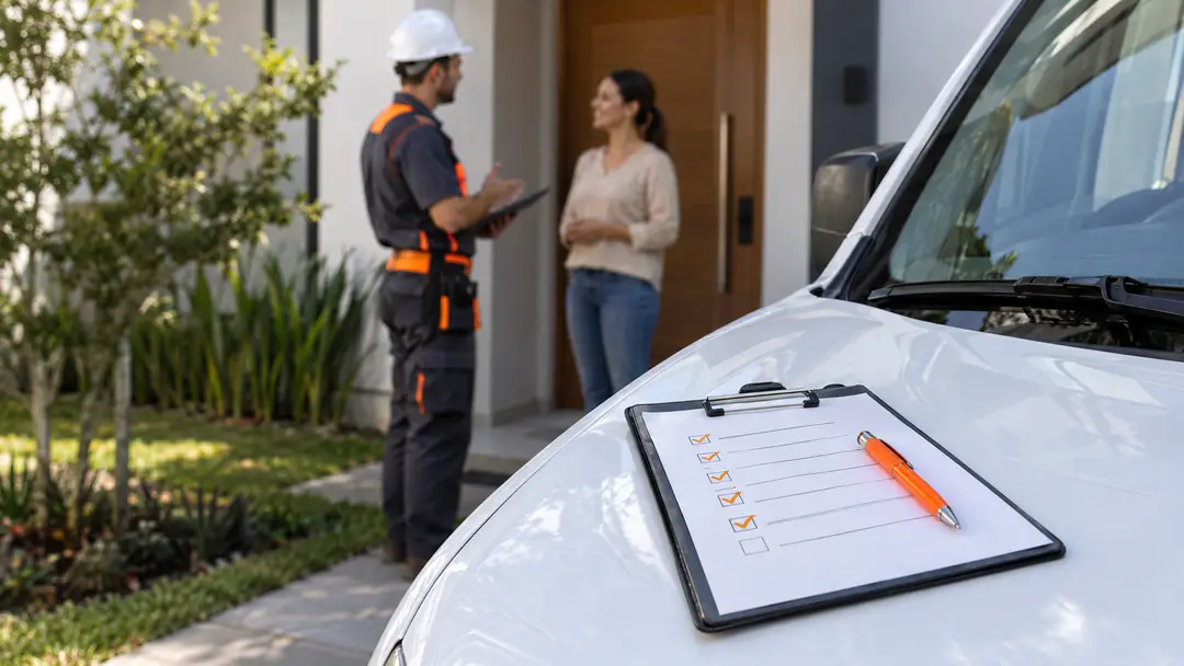 Checklist de serviço sobre van com atendimento ao fundo